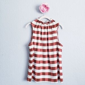 Ann Taylor Sleeveless Striped Ruffle-Neck Blouse in Rust and White
